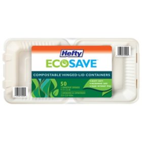Hefty ECOSAVE 3-Compartment Hinged Lid Container, 9" x 9", 50 ct.