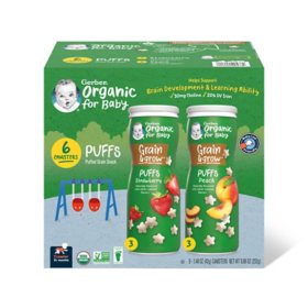 Gerber Organic Puffs, Variety Pack, Peach & Strawberry, 1.48 oz., 6 pk.