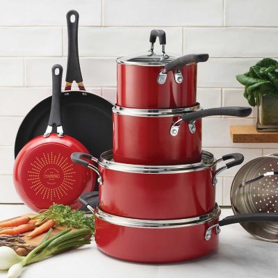 Tramontina 11-Piece Nonstick Porcelain Enamel Cookware Set-Red:- Red