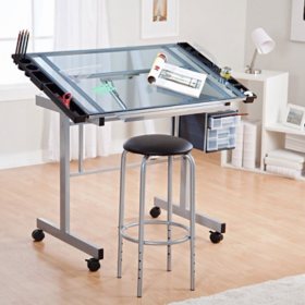 2-Piece Vision Drafting Table with Supply Storage and Padded Stool Set