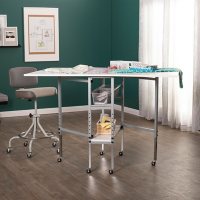 Height-Adjustable Folding Cutting Table with Sewing Board Grid, Guides and Storage