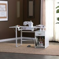 Pro Line Sewing Machine and Office Desk with Fold-Down Top, Height Adjustable Platform, Drawer and Storage Cabinet
