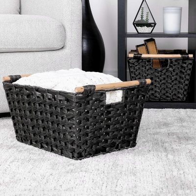 Resin Wicker Storage Tote, Small, Basket Weave, Grey