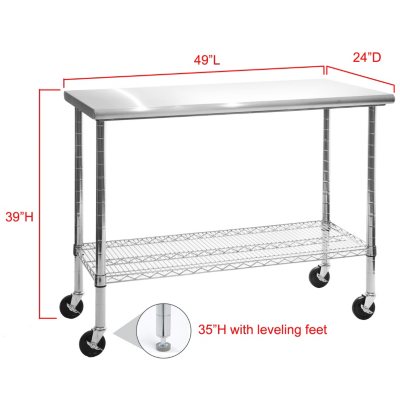 Rolling Stainless Steel Top Kitchen Work Table Cart + Casters Shelving