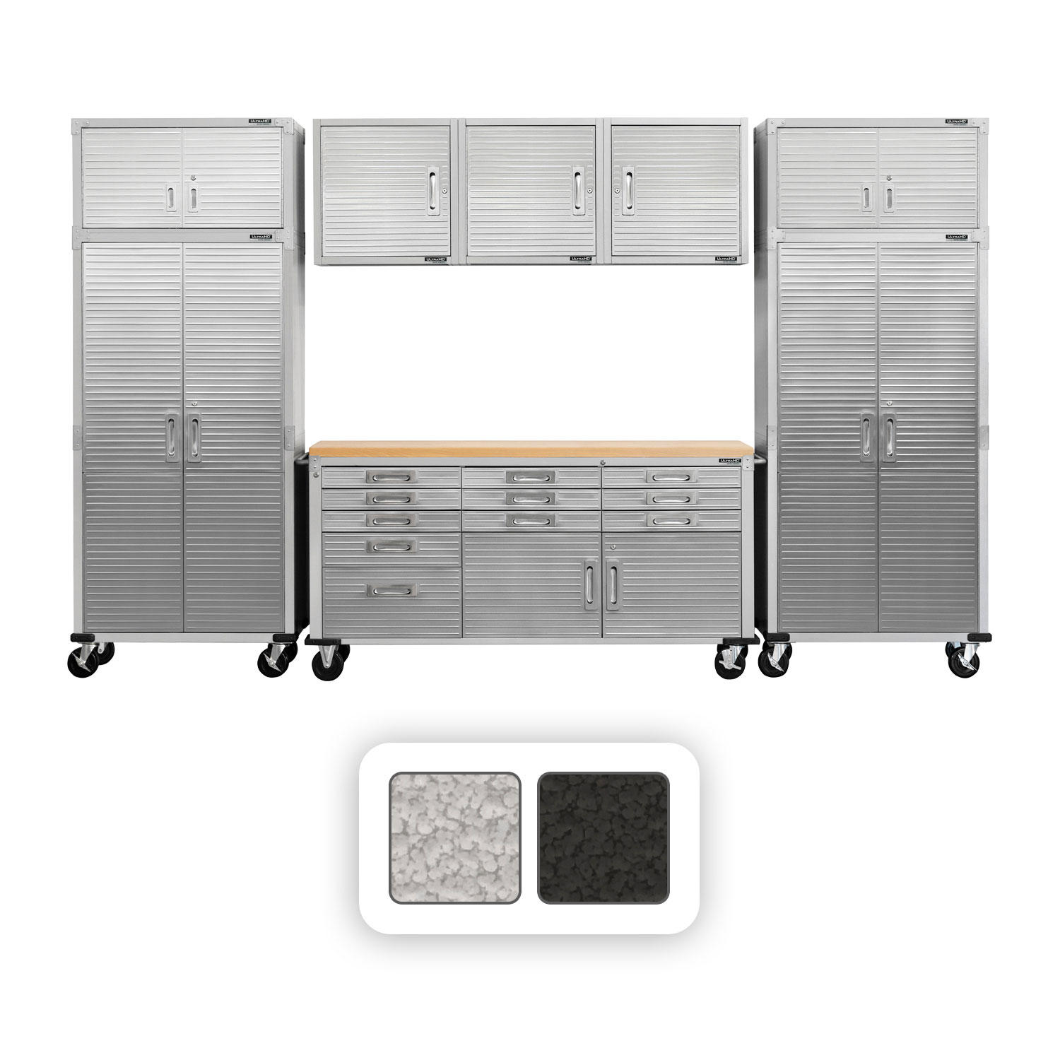 Seville Classics UltraHD 8-Piece Steel Garage Cabinet Storage Set with Rolling Workbench, 12 Feet Wide - Granite