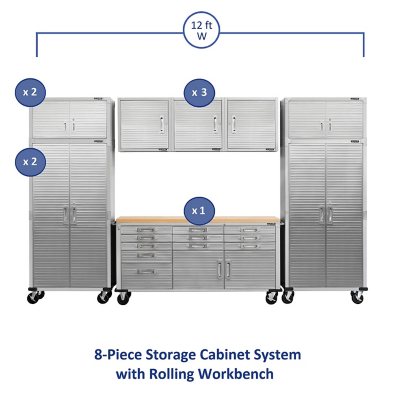 Seville Classics UltraHD 8-Piece Steel Garage Cabinet Storage Set With  Height Adjustable Workbench, 14 Feet Wide - Sam's Club