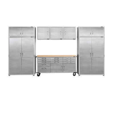 Seville Classics UltraHD 8-Piece Steel Garage Cabinet Storage Set With Rolling Workbench, 14 Feet Wide