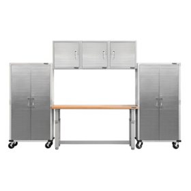 Seville Classics UltraHD® 6-Piece Steel Garage Cabinet Storage Set With Height Adjustable Workbench, 12 Feet Wide