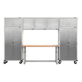 Seville Classics UltraHD 8-Piece Steel Garage Cabinet Storage Set With Height Adjustable Workbench, 12 Feet Wide