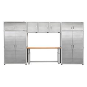Seville Classics UltraHD 8-Piece Steel Garage Cabinet Storage Set With Height Adjustable Workbench, 14 Feet Wide