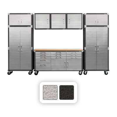 Seville Classics UltraHD 8-Piece Steel Garage Cabinet Storage Set with Rolling Workbench, 12 Feet Wide - GRAPHITE