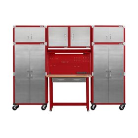 Seville Classics UltraHD 7-Piece Steel Garage Cabinet Storage Set With Pegboard Workbench, 10' Wide