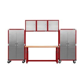 Seville Classics UltraHD® 6-Piece Steel Garage Cabinet Storage Set With Height Adjustable Workbench, 12 Feet Wide 