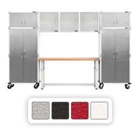 Seville Classics UltraHD 8-Piece Steel Garage Cabinet Storage Set With Height Adjustable Workbench, 12 Feet Wide Assorted Colors