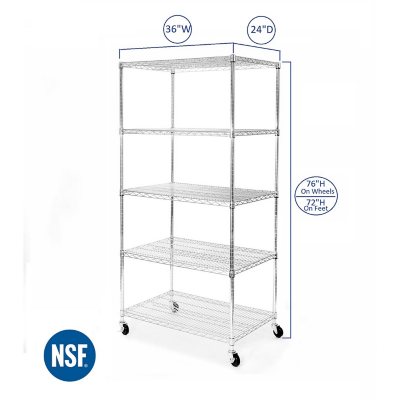 Seville Classics UltraDurable Commercial-Grade 5-Tier NSF-Certified Steel Wire Shelving with Wheels, 24 x 18 Chrome