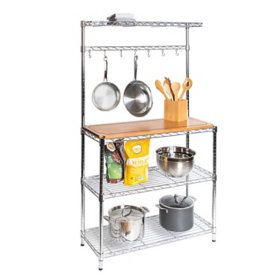 Seville Classics 4 Tier Steel Baker's Rack Kitchen Workstation with Cutting Board and Hook Bar, 14" D x 36" W x 63" H