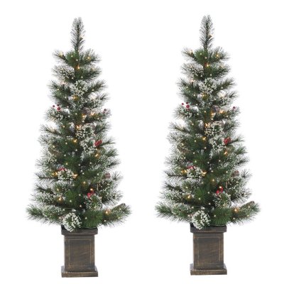Sterling 4Ft Potted Hard Mixed Needle Loveland Spruce with Iced Tips, Pine Cones, Red Berries and 50 Clear White Lights - Set of 2