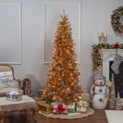 7.5' Tuscany Rose Gold Tinsel Tree with Lights - Sam's Club