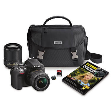 Nikon D3300 HD-SLR 24.2MP Camera with 18-55mm VR II Lens, 55-200mm VR II Lens, Camera Case and 32GB Memory Card