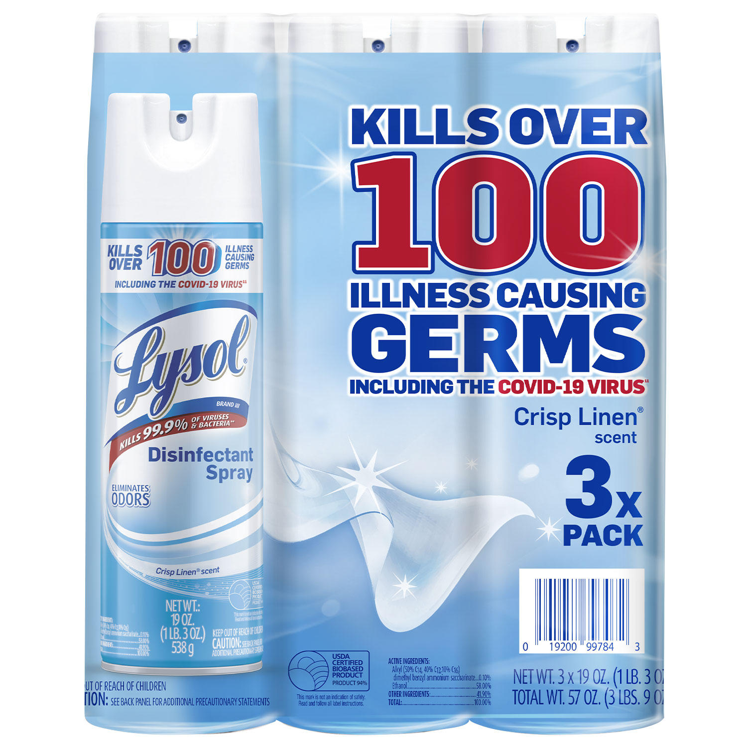 3-Count Lysol Crisp Linen Scent Disinfectant Spray 19 Oz
