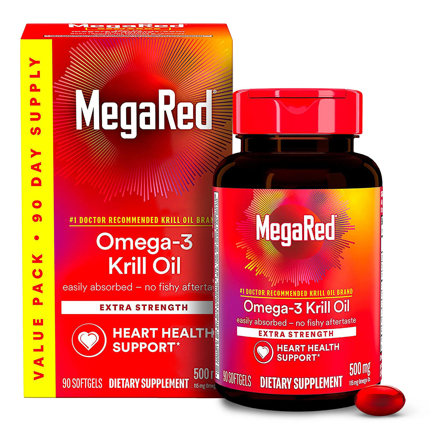 Antarctic Krill Oil 500mg Omega 3 Fatty Acid Supplement, MegaRed Extra Strength EPA & DHA Krill Oil Softgels (90cnt box), Antioxidant Astaxanthin, Heart Health Supplement With No Fish Oil Aftertaste