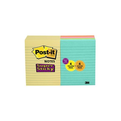 Post-it Super Sticky Notes, 4 x 6, Assorted Colors, Lined, 8