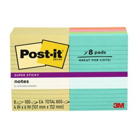 Post-it Super Sticky Notes,  4" x 6", Assorted Colors, Lined, 8 Pack, 800 Total Sheets