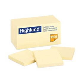 Highland - Self-Stick Notes, 3 x 3, Yellow -  18 100-Sheet Pads/Pack