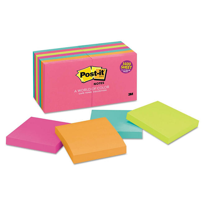 Post-it Notes - Original Pads in Capetown Colors, 3 x 3, 100/Pad -  14 Pads/Pack