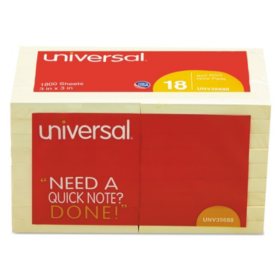 Universal Self-Stick Note Pads, 3 x 3, Yellow, 100-Sheet, 18/Pack