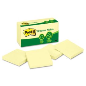 Post-it Greener Notes - Recycled Notes, 3 x 3, Canary Yellow -  12 100-Sheet Pads/Pack