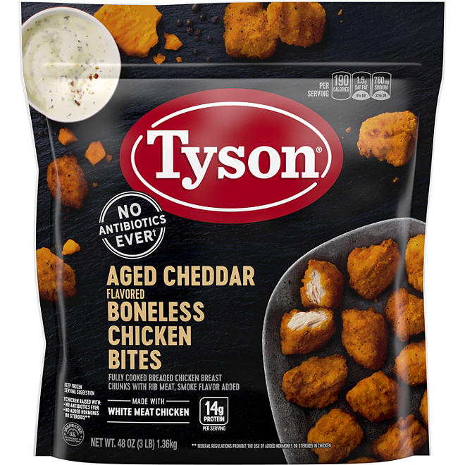 Tyson Fully Cooked Aged Cheddar Flavored Boneless Chicken Bites (3 lbs.)