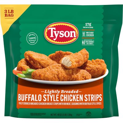 A 3 pound bag of Frozen Tyson Lightly Breaded Spicy Buffalo Style Chicken Strips. Shop now. 