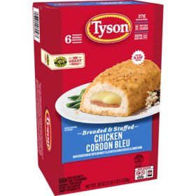Tyson Breaded Boneless Raw Stuffed Chicken Breasts with Rib Meat Cordon Bleu, Frozen, 6 oz., 6 ct.
