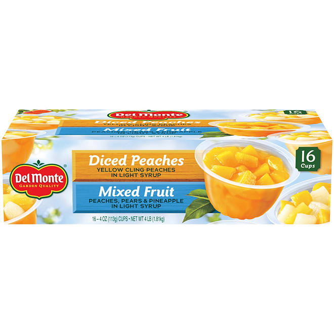 Del Monte Fruit Cups Snacks, Diced Peaches, Mixed Fruit, 4oz.,16ct.