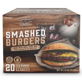 Miami Beef Smashed Burgers, Frozen, 3.2 oz., 20 ct.