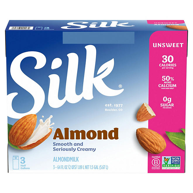 Silk Unsweetened Original Almond Milk half gallon, 3 pk.