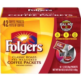 Folgers Classic Roast Ground Coffee Packets, 1.2 oz., 42 ct.