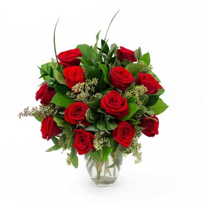 Member's Mark Red Roses Bouquet w/ Greenery + Vase (12 Stems):- 12 Stems