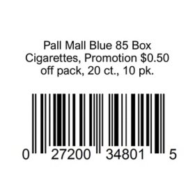 Pall Mall Blue 85 Box 20 ct., 10 pk. $0.50 Off Per Pack