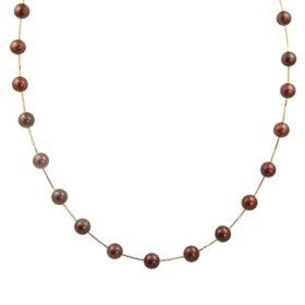 Cranberry Freshwater Pearl Station Necklace in 14K Yellow Gold