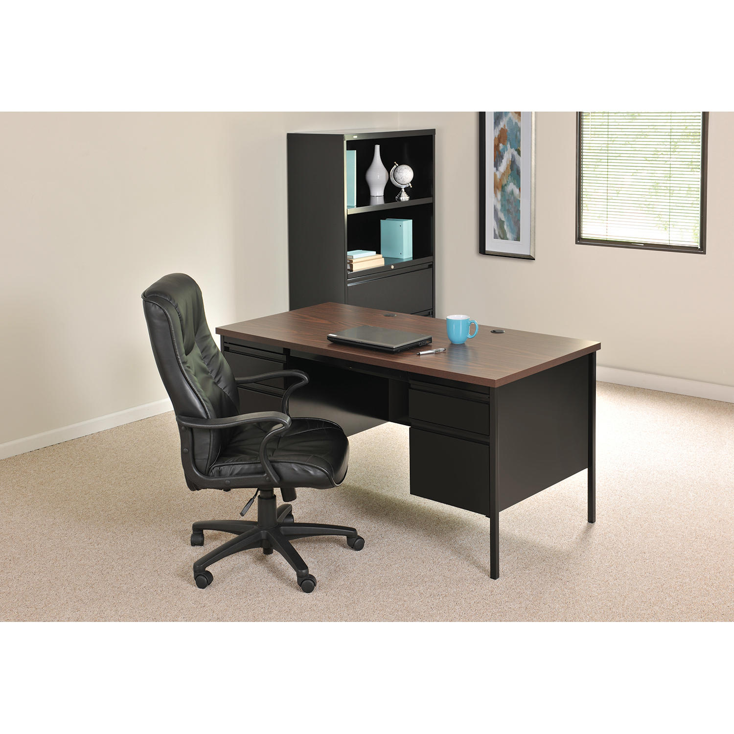 Hirsh Double Pedestal Office Desk with Center Drawer, Black/Walnut