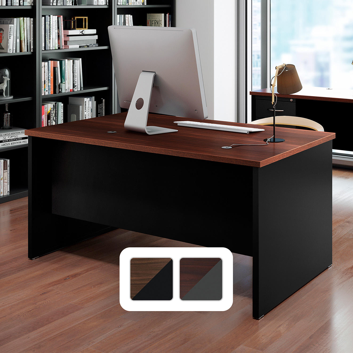 Hirsh Executive Office Modular Double Pedestal File Office Desk, Black/Walnut