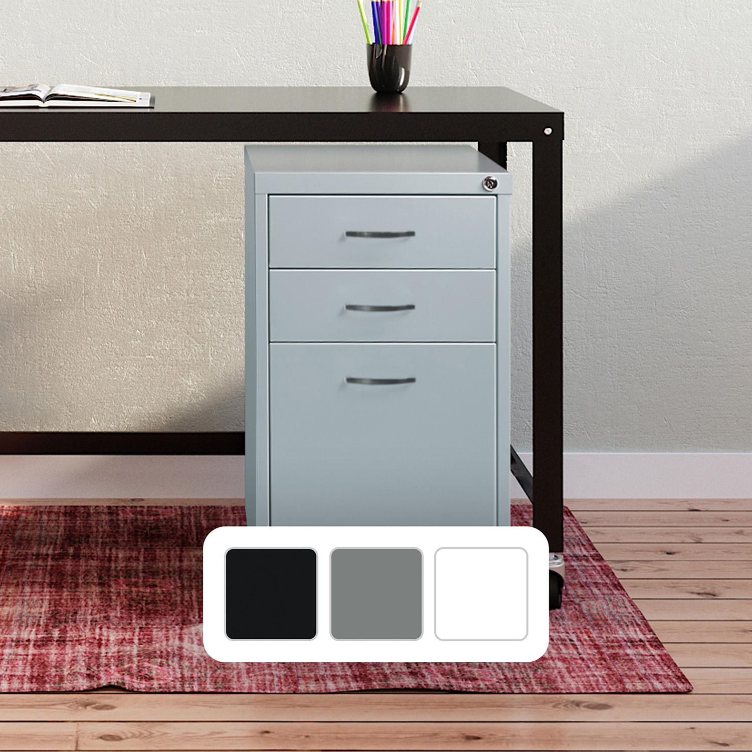 Hirsh 19' 3-Drawer Home Office Mobile Pedestal File Cabinet, Platinum