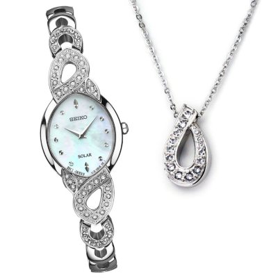 Seiko women's solar watch with mother hotsell of pearl dial and swarovski crystal accents