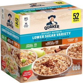 Quaker Lower Sugar Instant Oatmeal, Variety Pack 60.7 oz., 52 pk.