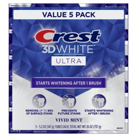 Crest 3D White Ultra Whitening Toothpaste, Vivid Mint, 5.2 oz., 5 pk.