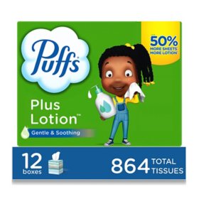 Puffs Plus Lotion 2-Ply Facial Tissues, Cube Boxes 72 tissues/box, 12 boxes
