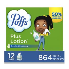 Puffs Plus Lotion 2-Ply Facial Tissues, Cube Boxes 72 tissues/box, 12 boxes