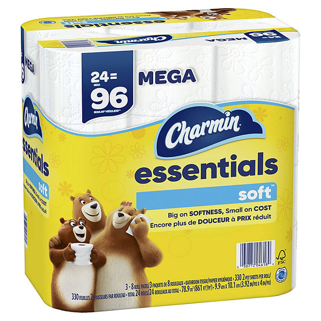 Charmin Essentials Soft Toilet Paper 330 sheets/Roll, 24 Mega Rolls 